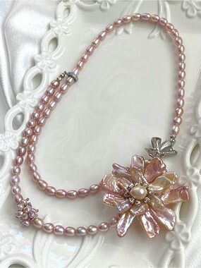 N322-Top Quality Sakura Pink Double Sided Flower Multiway Wear Necklace